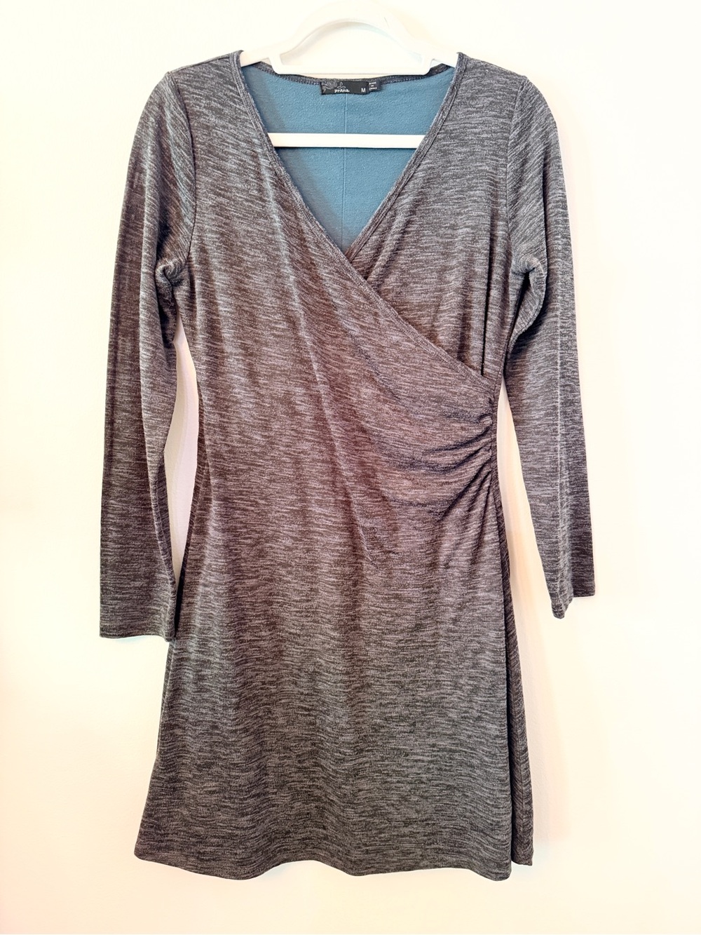 prAna Nadia Style Faux Wrap Dress Long Sleeve V Neck Lined Heathered Blue Gray M